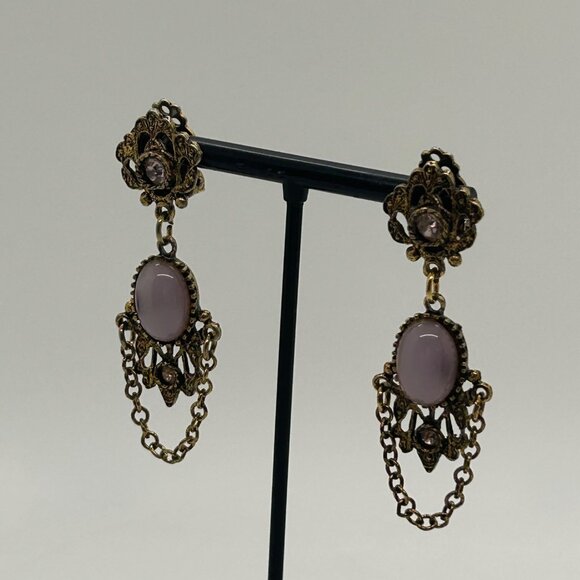 Vintage Gold Tone Drop Earrings Lavender Cabochons & Chain Dangles Elegant Retro - Picture 9 of 15